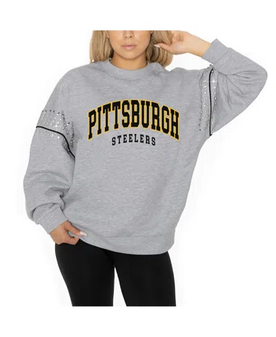 Gameday Couture Women's Ash Pittsburgh Steelers Rhinestone Drop Shoulder Oversized Fleece Pullover Sweatshirt In Gray