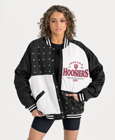 Gameday Couture Women's Black Indiana Hoosiers Oversized Inner Drive Varsity Rhinestone Full-snap Bomber Jacket