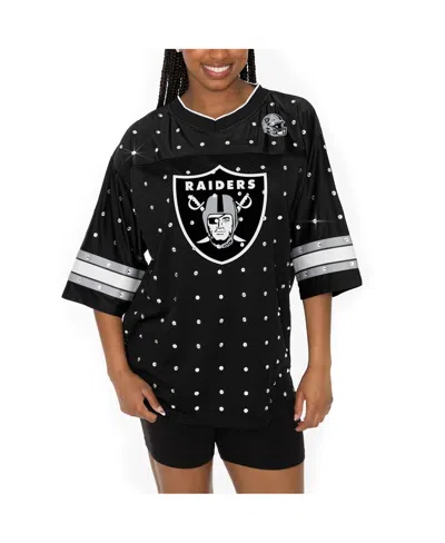 Gameday Couture Women's Black Las Vegas Raiders Kickoff Time Allover Rhinestone Sports Stripe Jersey V-neck T-shirt