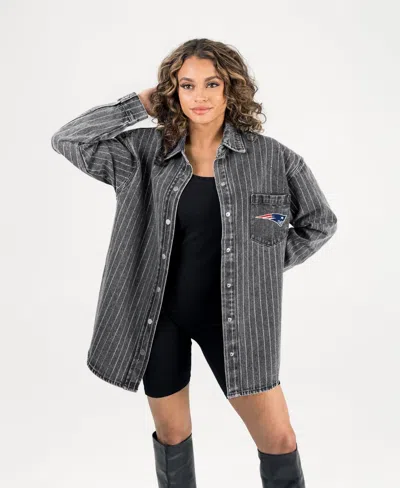 Gameday Couture Women's Black New England Patriots Oversized Style's The Limit Micro-rhinestone Stripe Washed Denim  In Black,denim