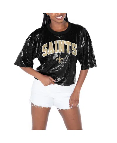 GAMEDAY COUTURE WOMEN'S BLACK NEW ORLEANS SAINTS RISE UP SEQUIN CROPPED T-SHIRT