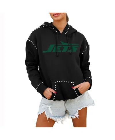 Gameday Couture Women's Black New York Jets Oversized Catch The Vibe Studded Pullover Hoodie