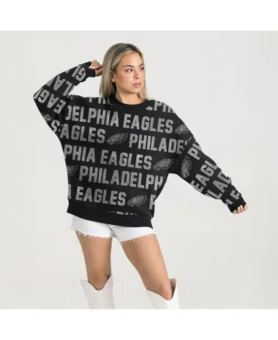 Gameday Couture Women's Black Philadelphia Eagles Oversized Hype Era Rhinestone Text Sweatshirt