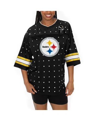 Gameday Couture Women's Black Pittsburgh Steelers Kickoff Time Allover Rhinestone Sports Stripe Jersey V-neck T-shir