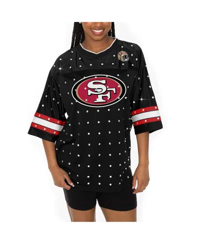 Gameday Couture Women's Black San Francisco 49ers Kickoff Time Allover Rhinestone Sports Stripe Jersey V-neck T-shir