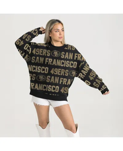 Gameday Couture Women's Black San Francisco 49ers Relaxed Drop Shoulder Hype Era Rhinestone Text Sweatshirt