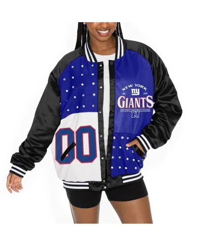Gameday Couture Women's Black/royal New York Giants Oversized Hot Shot Rhinestone Throwback Full-snap Varsity Bomber In Multi