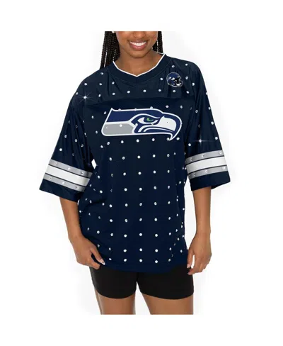 Gameday Couture Women's College Navy Seattle Seahawks Kickoff Time Allover Rhinestone Sports Stripe Jersey V-neck T-