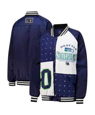 Gameday Couture Women's College Navy/white Seattle Seahawks Oversized Hot Shot Rhinestone Throwback Full-snap Varsit In College Navy,white