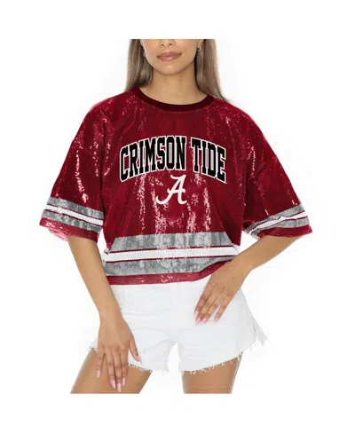 Gameday Couture Women's Crimson Alabama Crimson Tide Sequin Striped Cropped Fashion Jersey T-shirt In Red