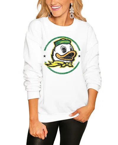 Gameday Couture Women's End Zone Oregon Ducks Oversized Distressed-graphics Sweatshirt In White