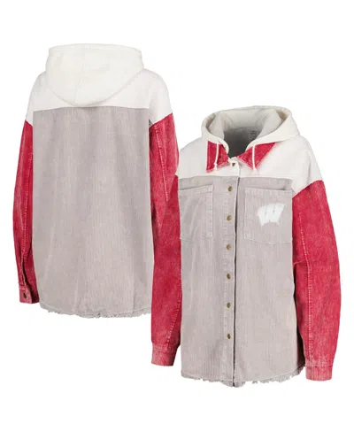 Gameday Couture Women's  Gray Distressed Wisconsin Badgers Vintage-like Wash Corduroy Full-snap Hoode