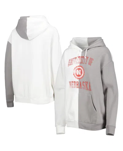 GAMEDAY COUTURE WOMEN'S GAMEDAY COUTURE GRAY, WHITE NEBRASKA HUSKERS SPLIT PULLOVER HOODIE