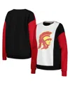 GAMEDAY COUTURE WOMEN'S GAMEDAY COUTURE WHITE, BLACK USC TROJANS VERTICAL COLOR-BLOCK PULLOVER SWEATSHIRT