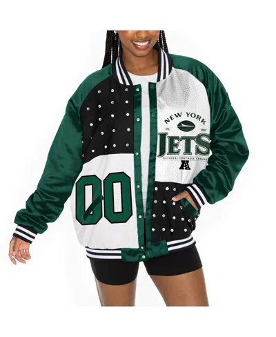 Gameday Couture Women's Green/white New York Jets Oversized Hot Shot Rhinestone Throwback Full-snap Varsity Bomber J In Green,white