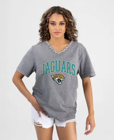 Gameday Couture Women's Jacksonville Jaguars Iconic Edge Rhinestone V-neck T-shirt In Gray