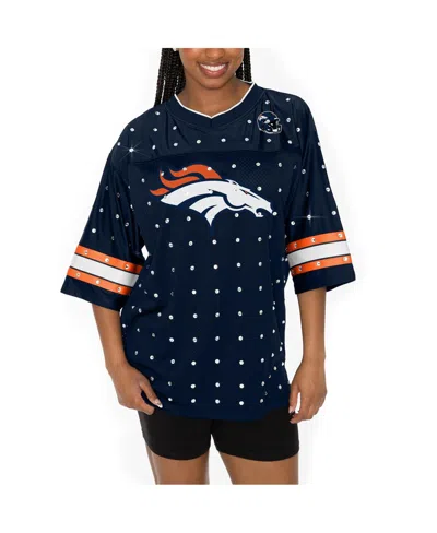 Gameday Couture Women's Navy Denver Broncos Kickoff Time Allover Rhinestone Sports Stripe Jersey V-neck T-shirt