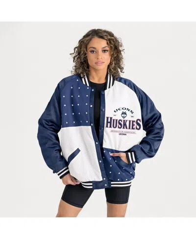 Gameday Couture Women's Navy Uconn Huskies Oversized Inner Drive Varsity Rhinestone Full-snap Bomber Jacket In Multi