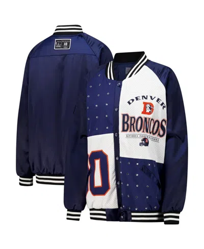 Gameday Couture Women's Navy/white Denver Broncos Oversized Hot Shot Rhinestone Throwback Full-snap Varsity Bomber J In Navy,white