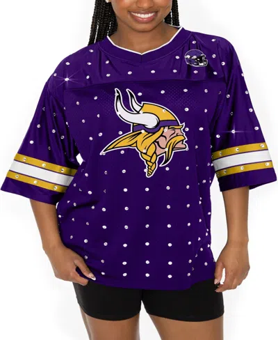 Gameday Couture Women's Purple Minnesota Vikings All-over Rhinestone Sports Stripe Kickoff V-neck Fashion Half-sleev In Purple,gold
