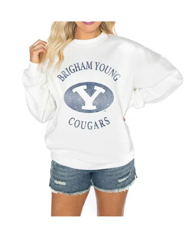 GAMEDAY COUTURE WOMEN'S WHITE BYU COUGARS GOOD VIBES PREMIUM FLEECE DROP SHOULDER PULLOVER SWEATSHIRT