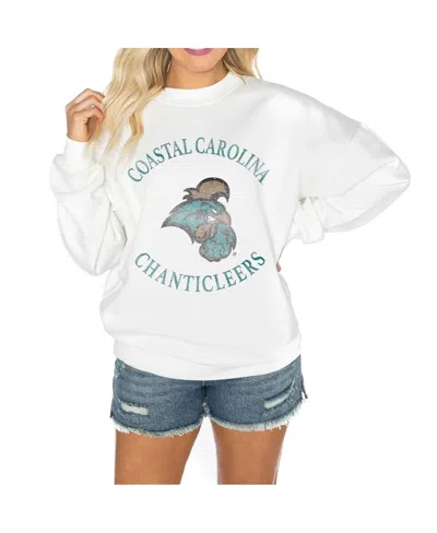 GAMEDAY COUTURE WOMEN'S WHITE COASTAL CAROLINA CHANTICLEERS GOOD VIBES PREMIUM FLEECE DROP SHOULDER PULLOVER SWEATSH
