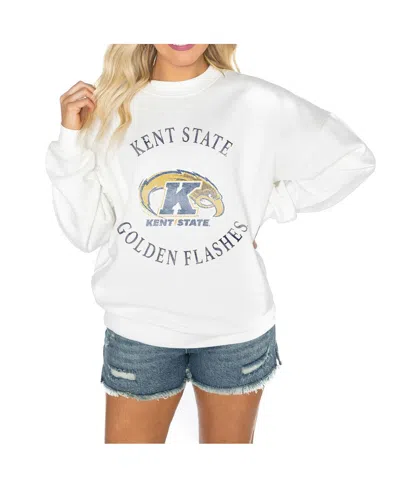 GAMEDAY COUTURE WOMEN'S WHITE KENT STATE GOLDEN FLASHES GOOD VIBES PREMIUM FLEECE DROP SHOULDER PULLOVER SWEATSHIRT