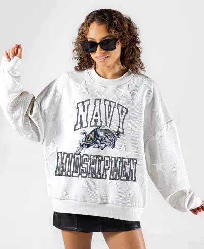 Gameday Couture Women's White Navy Midshipmen Big Play Energy Tonal Star Embossed Sweatshirt In Gray