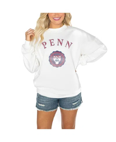 GAMEDAY COUTURE WOMEN'S WHITE PENNSYLVANIA QUAKERS DROP SHOULDER FLEECE DROP PULLOVER SWEATSHIRT