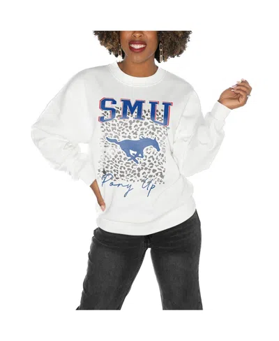 GAMEDAY COUTURE WOMEN'S WHITE SMU MUSTANGS DROP SHOULDER FLEECE DROP PULLOVER SWEATSHIRT