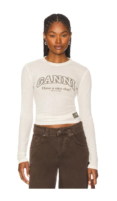 Ganni Printed Marl Mesh Long Sleeve Top In White