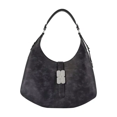 Ganni Kat Large Vintage Shoulder Bag  Leather Grey In Black