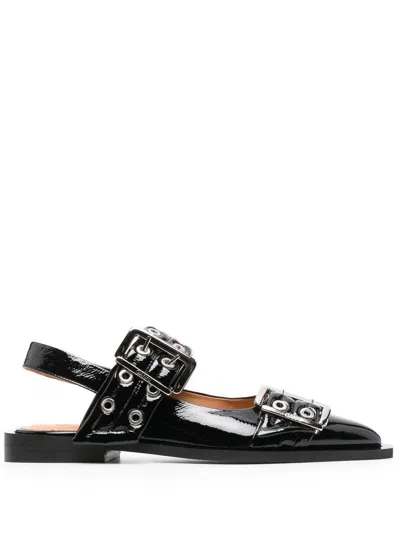 Ganni Feminine Buckle Slingback Flats In Black