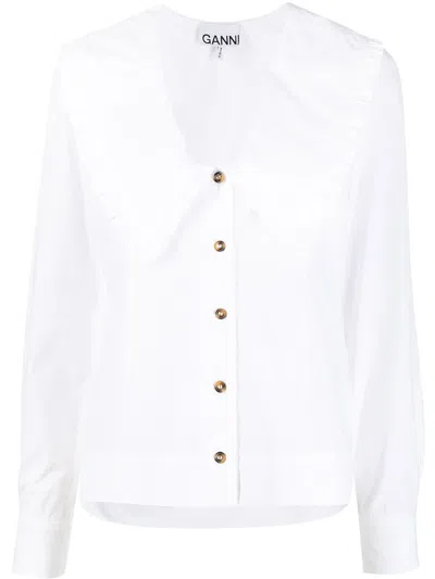 GANNI GANNI COTTON POPLIN V-NECK SHIRT BRIGHT WHITE