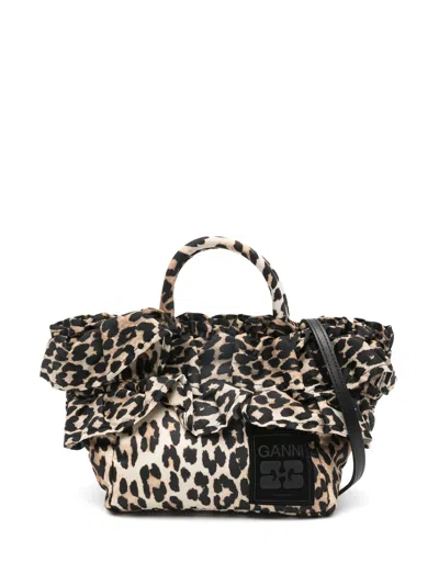 Ganni 25x17x8 Cm Animal Print Tote Handbag With Magnetic Closure And Adjustable Strap In Pink