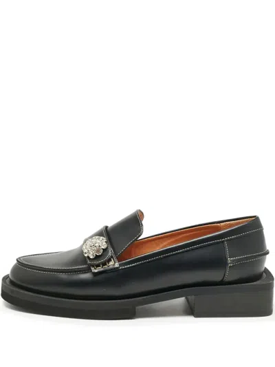 Pre-owned Ganni 35mm Crystal-embellishment Loafers In Black