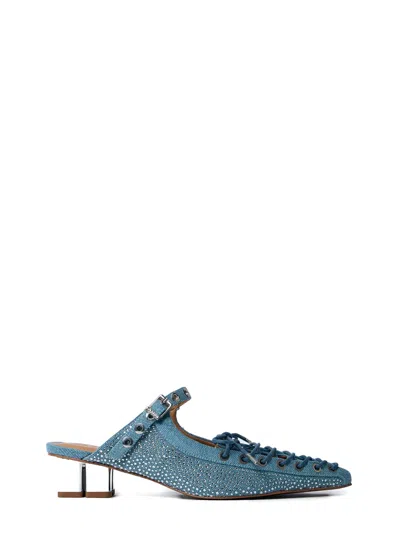Ganni 35mm Denim-effect Lace-up Mules In Blue