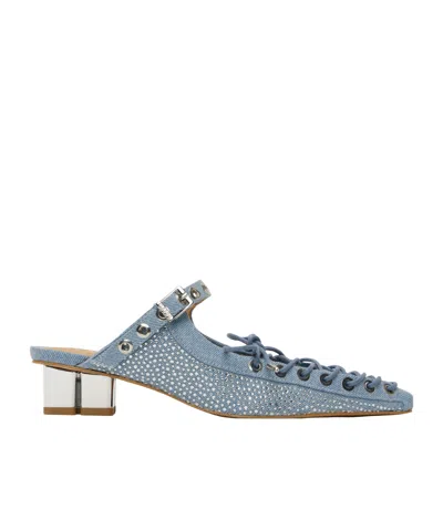 Ganni 35mm Denim-effect Lace-up Mules