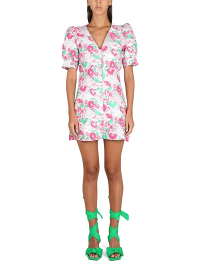 Ganni Multicolor Button Down Mini Dress With 3d Jacquard Floreal Motif In Floral