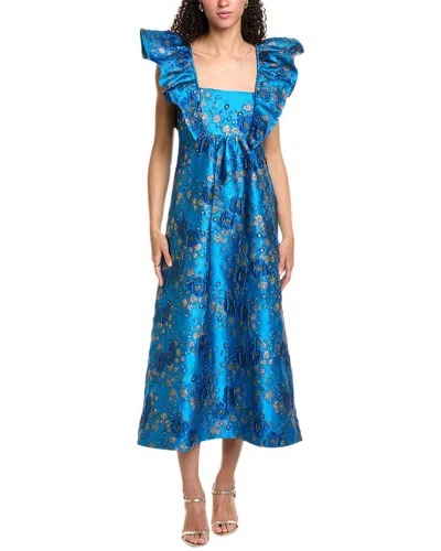 Ganni 3d Jacquard Ruffle Midi Dress In Blue