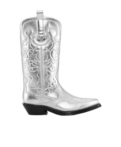 GANNI SILVER MID SHAFT EMBROIDERED WESTERN BOOTS
