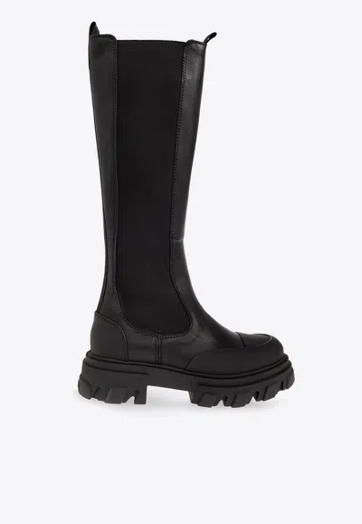 Ganni 50mm Leather Tall Boots In Black