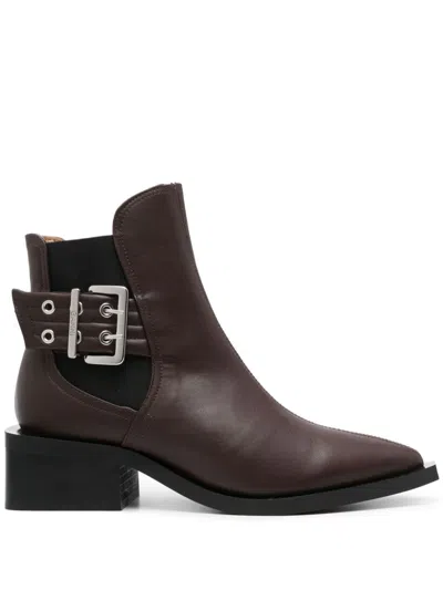 Ganni 45mm Buckle-detail Leather Boots In 890 Chocolate