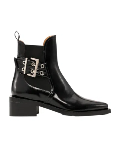 Ganni 45mm Buckle-detail Leather Boots In Black