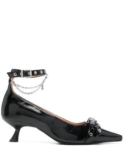 Ganni 50 Chain-embellished Patent Leather Pumps In Black