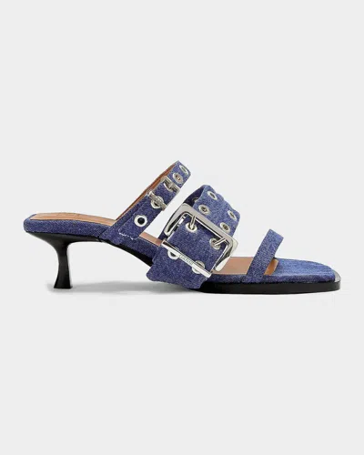 Ganni 50mm Cotton Denim Mules In Mid Blue V