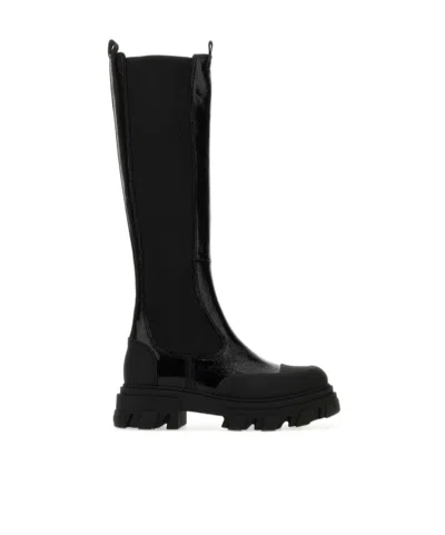 Ganni Knee-high Leather Chelsea Boots In Black