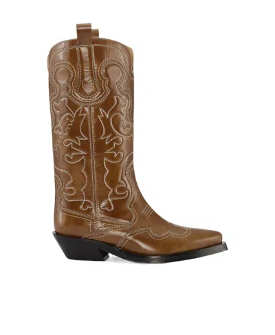Ganni 50mm Mid-calf Western Boots In Brown