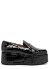 Ganni Black Patent Croco Butterfly Chain Platform Loafers In Black