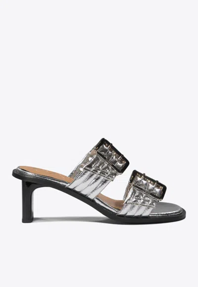 Ganni White Feminine Buckle Heeled Mule Sandals In Silver